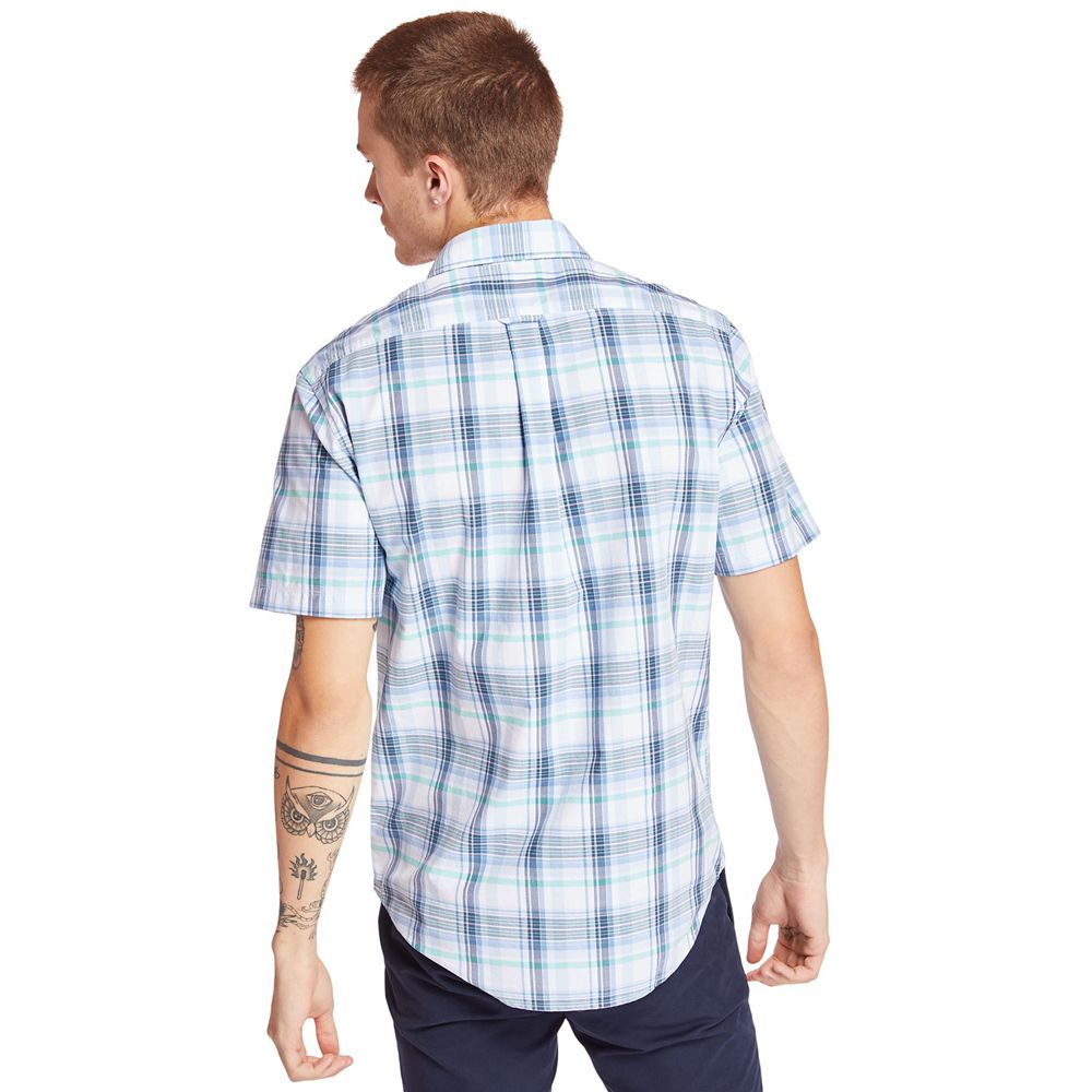 Camasi Timberland Barbati Albastri/Albi - Short-Sleeve Indian River Madras - Romania - KYXDQE371